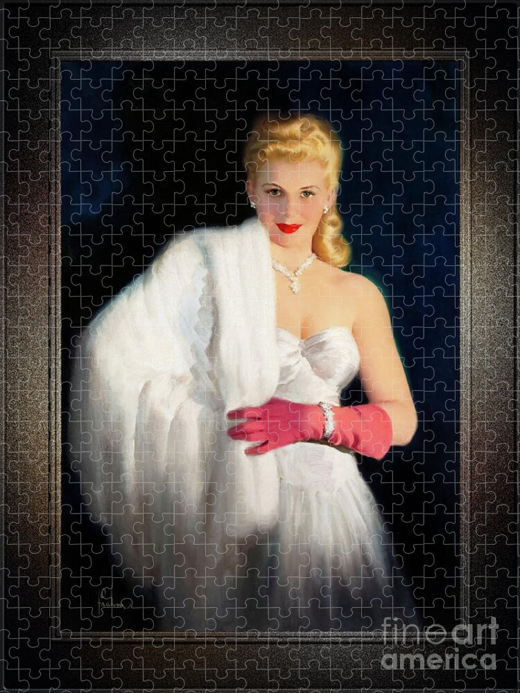 Blonde Jigsaw Puzzle featuring the painting White Mink and Diamonds by Art Frahm Sophisticated Pin-Up Girl Vintage Artwork by Rolando Burbon
