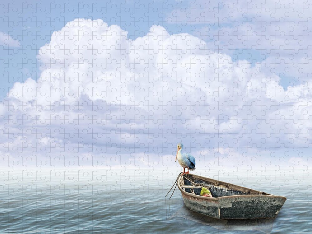 Skiff Jigsaw Puzzle featuring the photograph White Pelican Perched on the Bow of a Boat Anchored on the Water by Randall Nyhof