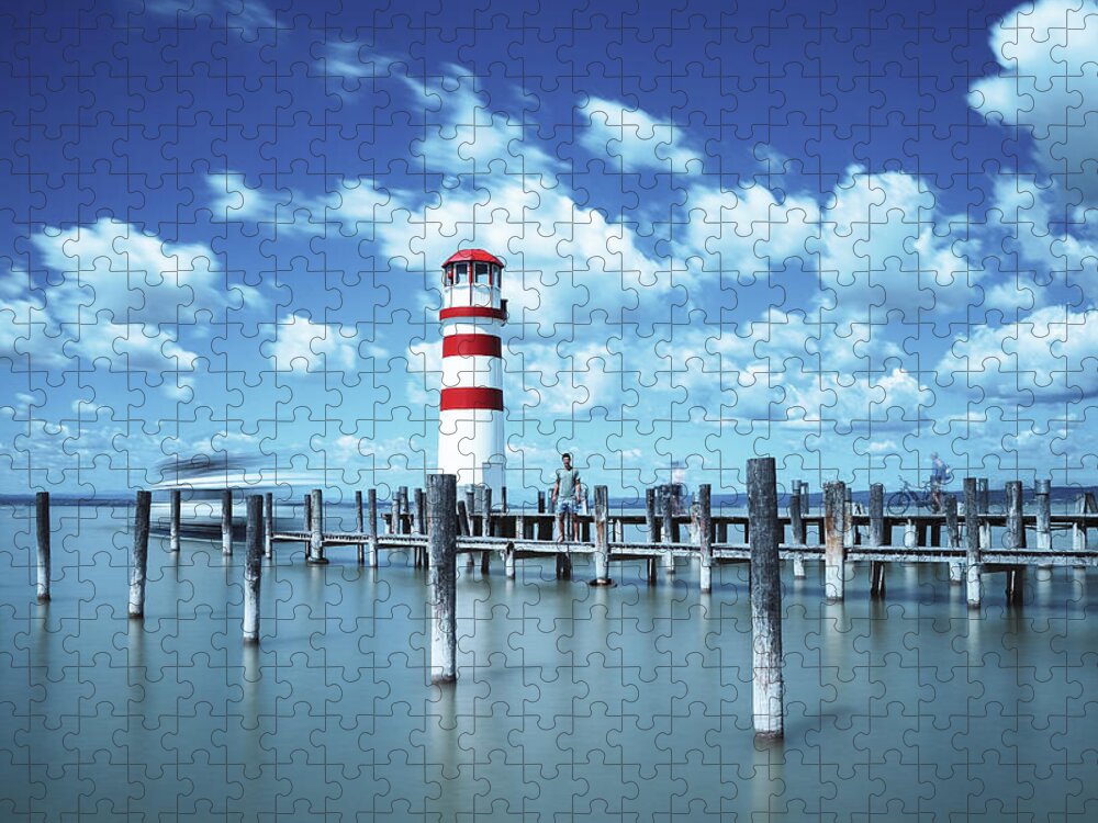 Destinations Jigsaw Puzzle featuring the photograph White-red lighthouse in Podersdorf am See by Vaclav Sonnek