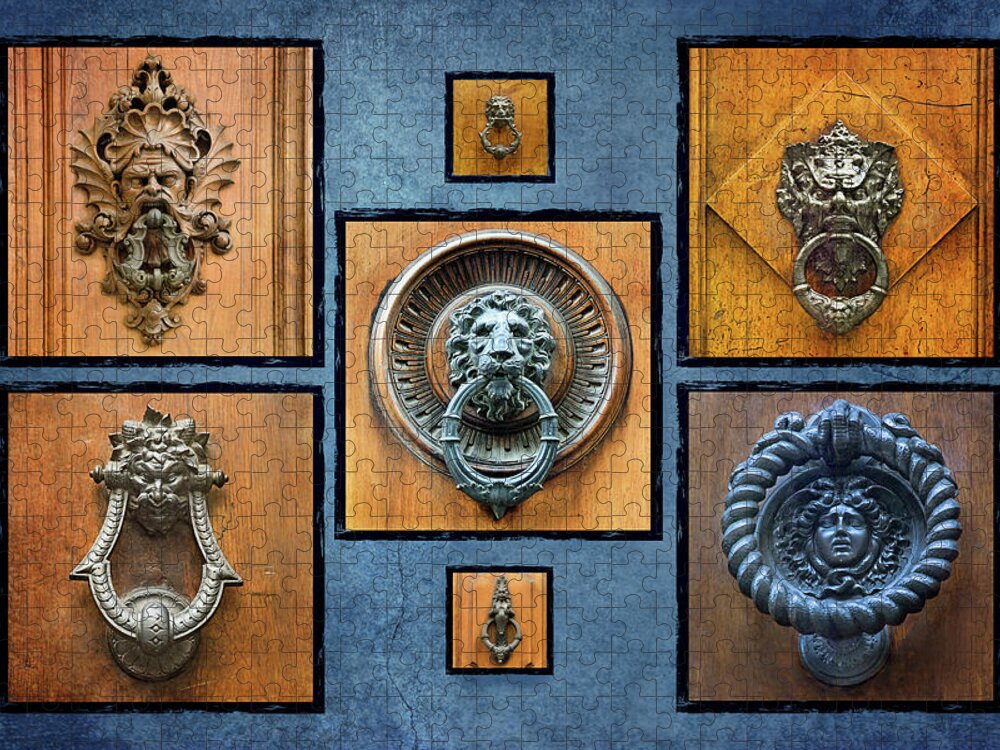 Door Knockers Jigsaw Puzzle featuring the photograph Italian Door Knocker Collage 2 by Jill Love