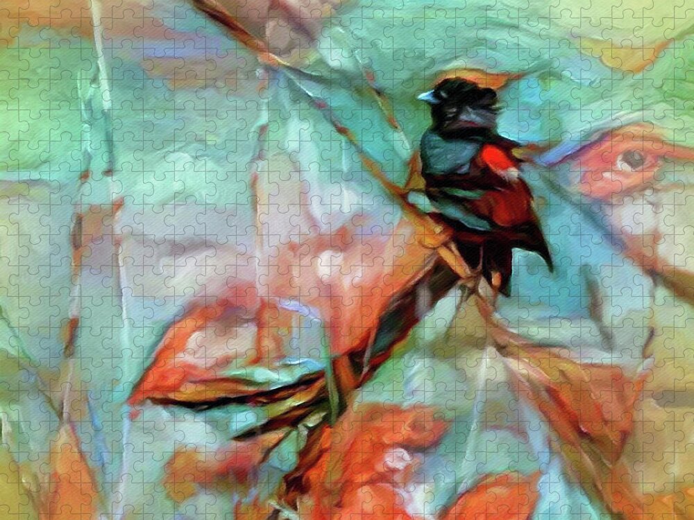 Widowbird In The Reeds Jigsaw Puzzle featuring the painting Widowbird in the Reeds by Susan Maxwell Schmidt