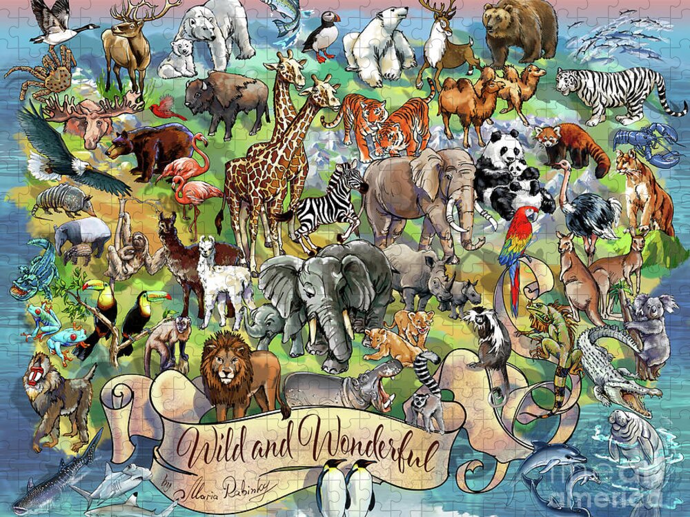 Illustration Jigsaw Puzzle featuring the digital art Wild and Wonderful Animals of the World by Maria Rabinky