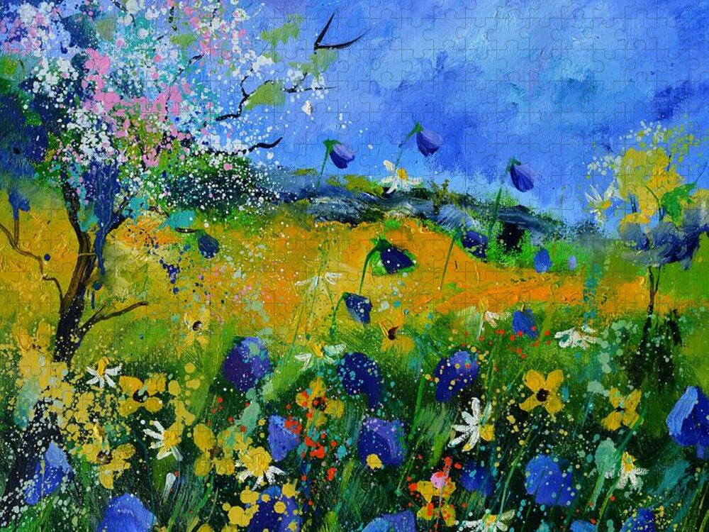 Landscape Jigsaw Puzzle featuring the painting Wild flowers in summer by Pol Ledent