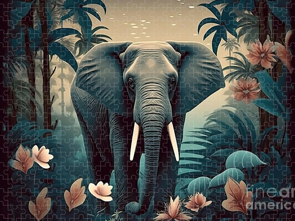Jungle Jigsaw Puzzle featuring the painting Wild forest animals, Elephant Tropical Background. Tropical Jung by N Akkash