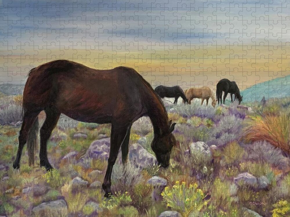 Pryor Horse Range Jigsaw Puzzle featuring the painting Wild in Montana by Jan Chesler