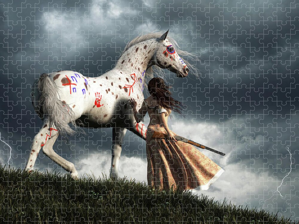 Wild West Jigsaw Puzzle featuring the digital art Wild West Woman and War Horse Watching a Storm by Daniel Eskridge