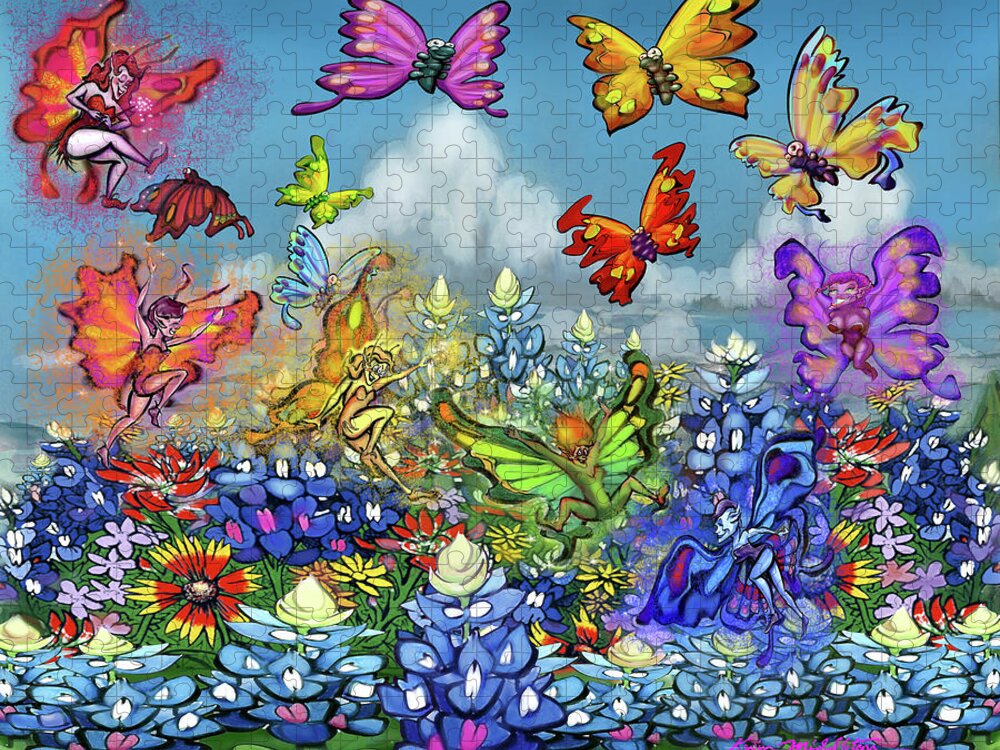 Wildflowers Jigsaw Puzzle featuring the digital art Wildflowers Pixies Bluebonnets n Butterflies by Kevin Middleton
