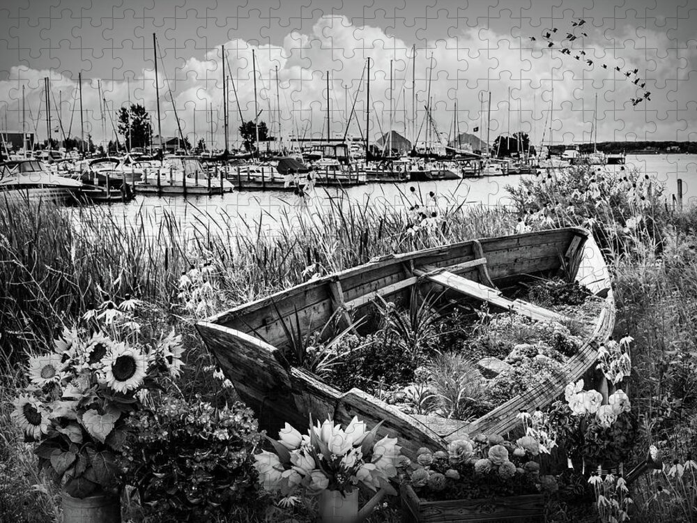 Black Jigsaw Puzzle featuring the photograph Wildflowers Rowboat in the Harbor Black and White by Debra and Dave Vanderlaan