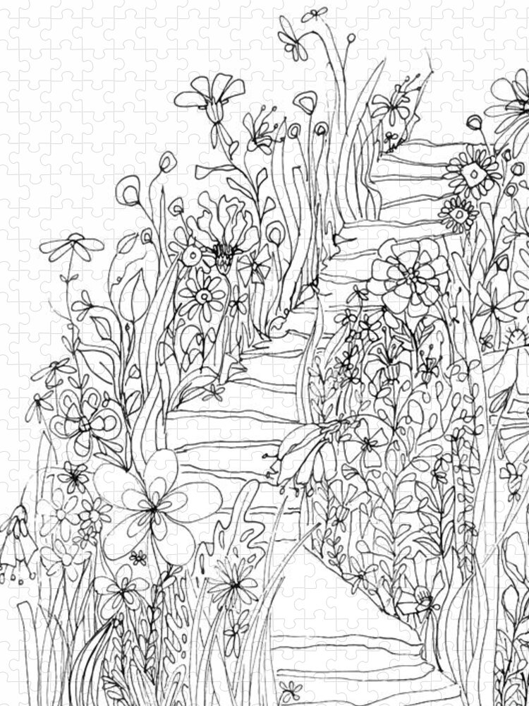 Wildflowers Stairs. Ink Drawing Art Jigsaw Puzzle featuring the drawing Wildflowers Stairs - Ink Drawing Art by Patricia Awapara
