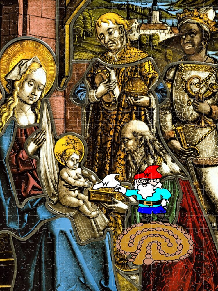 Magi Jigsaw Puzzle featuring the digital art Will the Wandering Gnome joins the 3 Kings and gives a White Hat to Jesus - Gnome Art by Bill Ressl