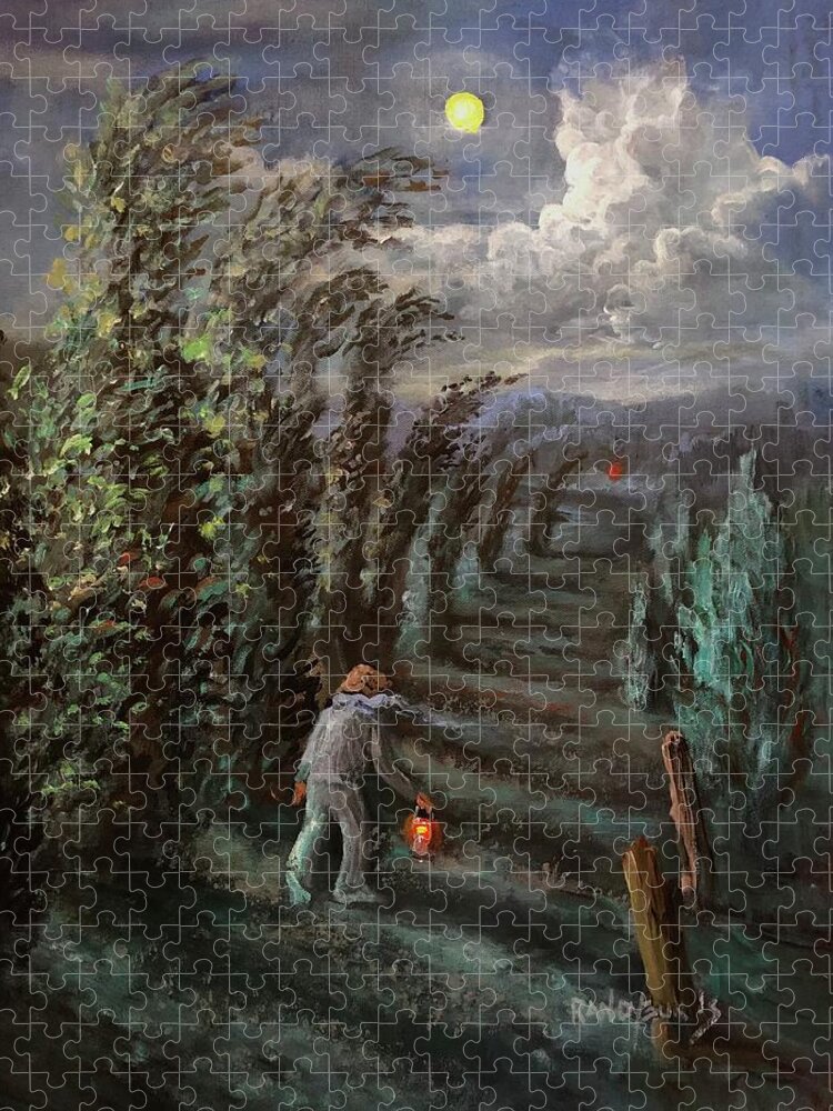 Wind Jigsaw Puzzle featuring the painting Wind, Moonlight And Lanterns by Rand Burns