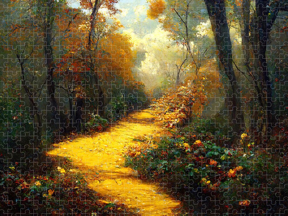 Nature Jigsaw Puzzle featuring the painting Winding road through the woods, 01 by AM FineArtPrints