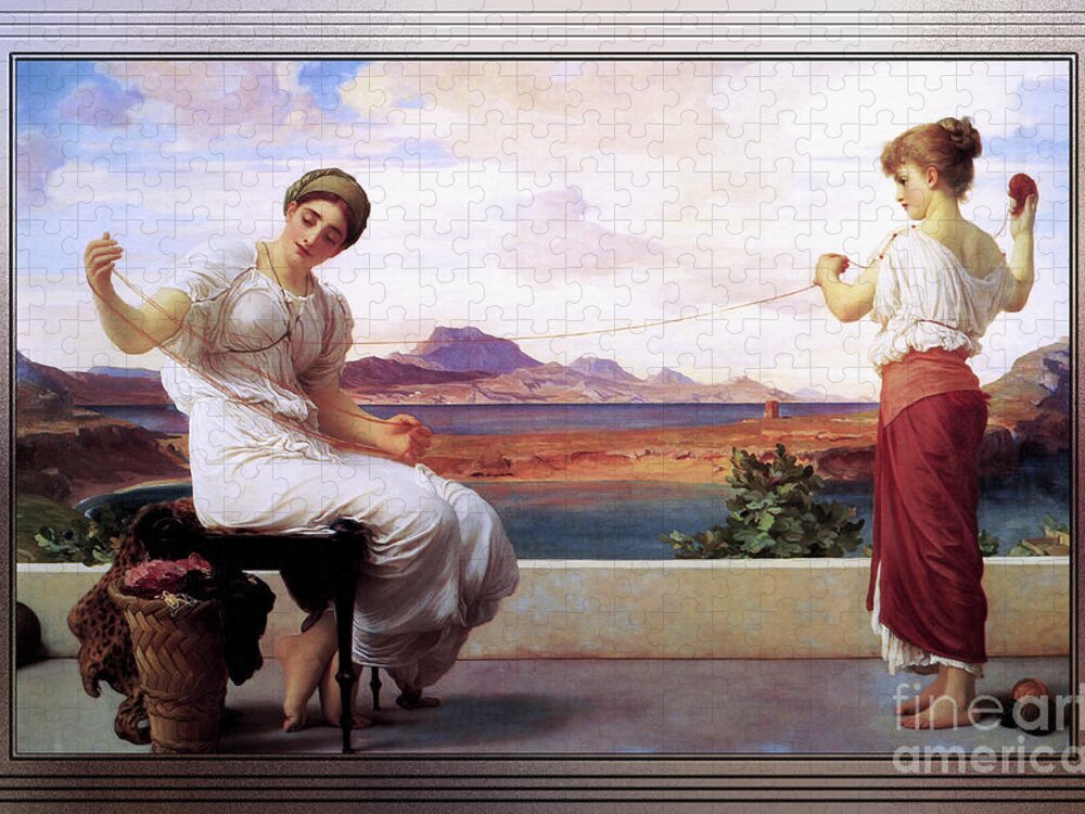 Winding The Skein Jigsaw Puzzle featuring the painting Winding The Skein by Frederic Leighton by Rolando Burbon