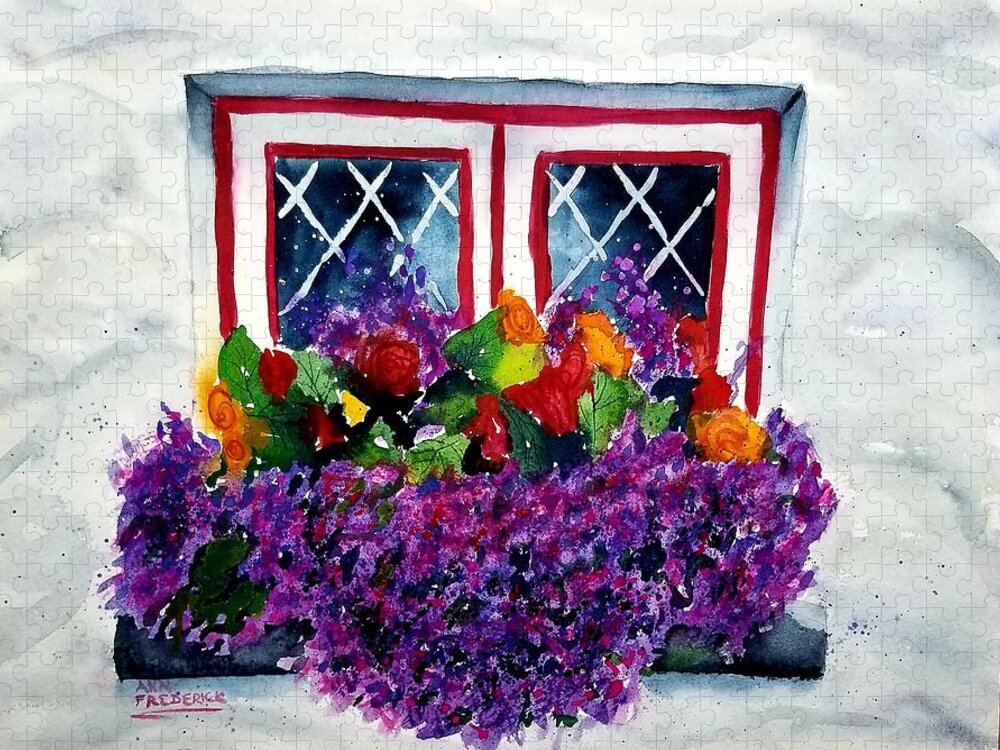 Flowers Jigsaw Puzzle featuring the painting Window Treatment by Ann Frederick