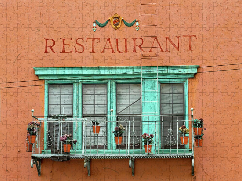 Sign Jigsaw Puzzle featuring the photograph Windows Above The Restaurant by Bonnie Follett