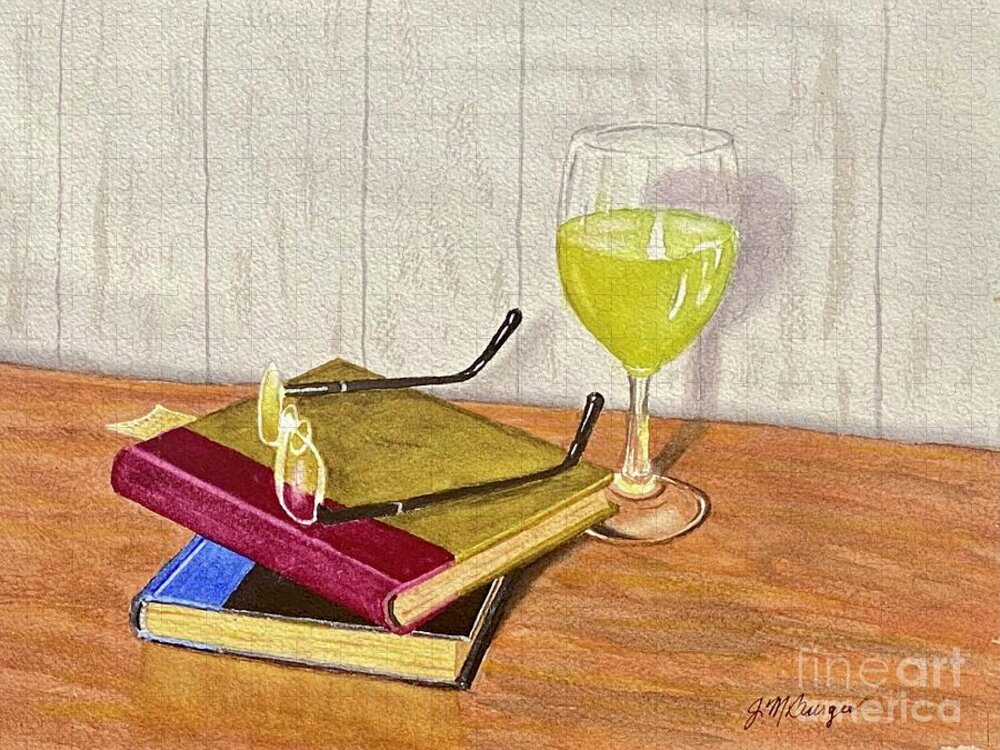 White Wine Jigsaw Puzzle featuring the painting Wine and a Good Book by Joseph Burger