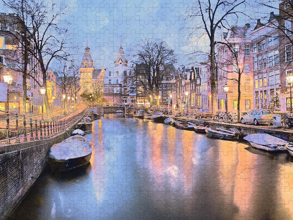 Amsterdam Jigsaw Puzzle featuring the mixed media Winter Amsterdam by Alex Mir