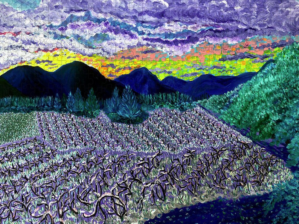 Winter Dawn Jigsaw Puzzle featuring the painting Winter arrives at Betsy's vineyard. Williams, Oregon. by ArtStudio Mateo