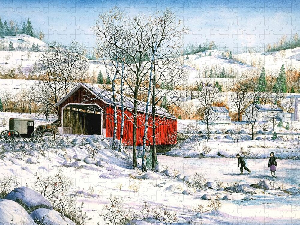 Covered Bridge Jigsaw Puzzle featuring the painting Winter Crossing by Diane Phalen