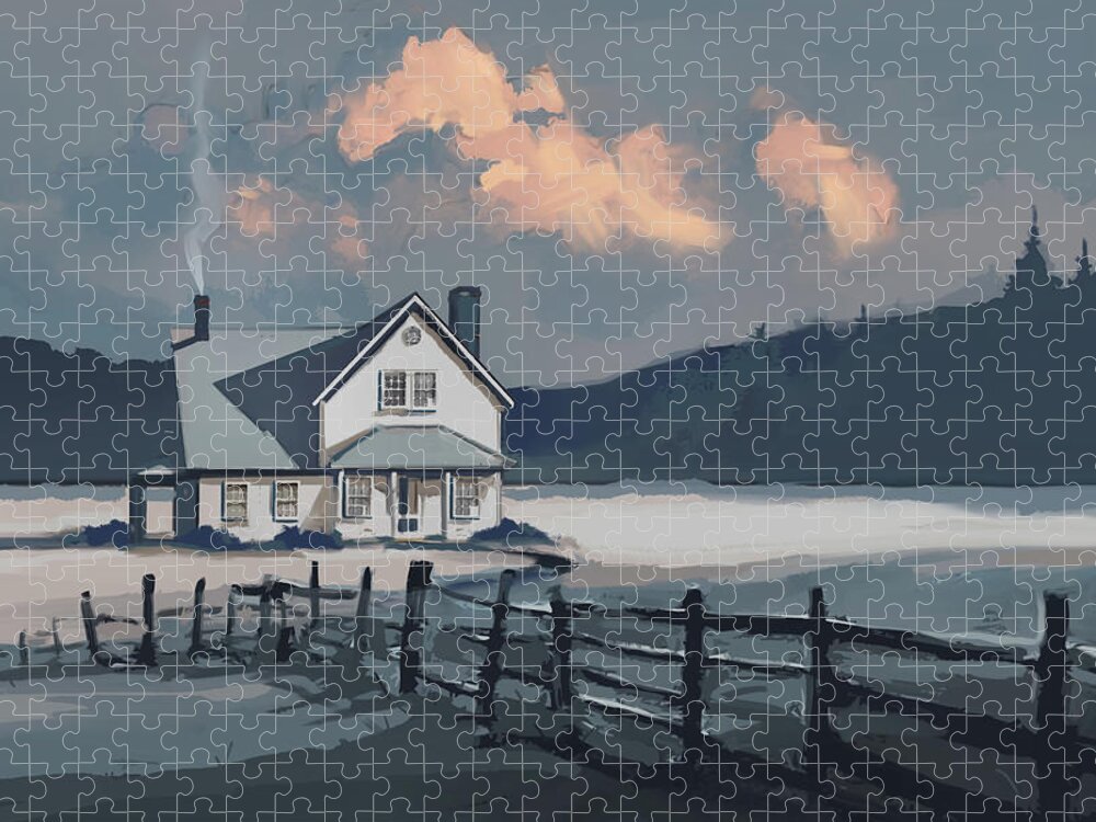 Landscape Jigsaw Puzzle featuring the digital art Winter House by East Coast Licensing