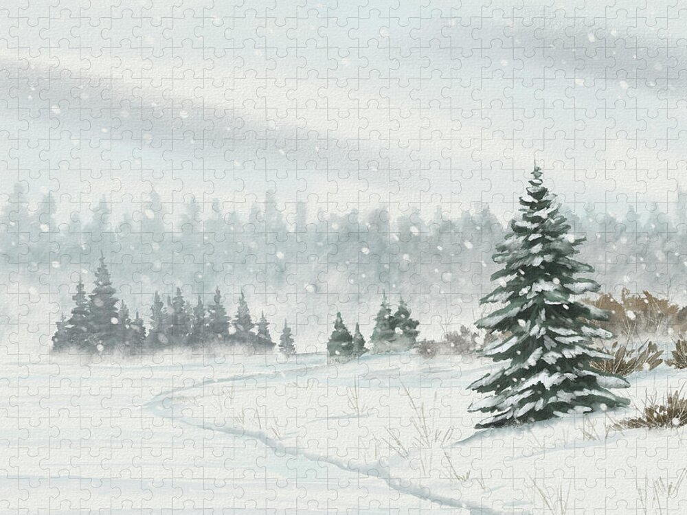 Winter Jigsaw Puzzle featuring the digital art Winter Lake - Winter Watercolor Landscape by Shawn Conn