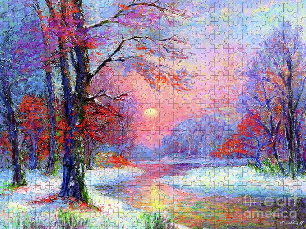 Tree Jigsaw Puzzle featuring the painting Winter Nightfall, Snow Scene by Jane Small
