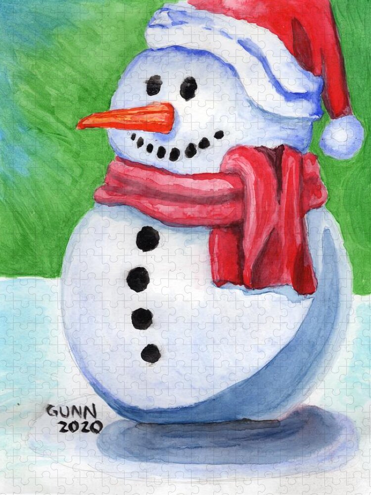Winter Jigsaw Puzzle featuring the painting Winter Snowman by Katrina Gunn