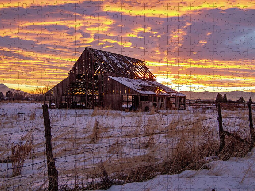 Barn Jigsaw Puzzle featuring the photograph Winter Sunset at Mapleton Barn by Wesley Aston
