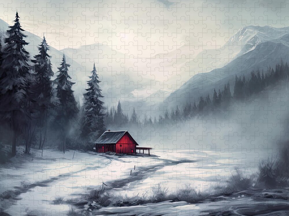 Red And Gray Art Jigsaw Puzzle featuring the painting Winter's Whisper - Winter Wonderland Art by Lourry Legarde
