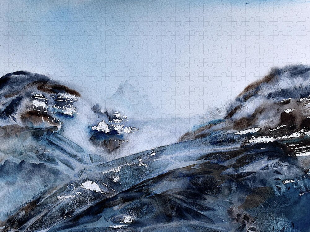 Mountains Jigsaw Puzzle featuring the painting Wintry Mountains #1 by Wendy Keeney-Kennicutt