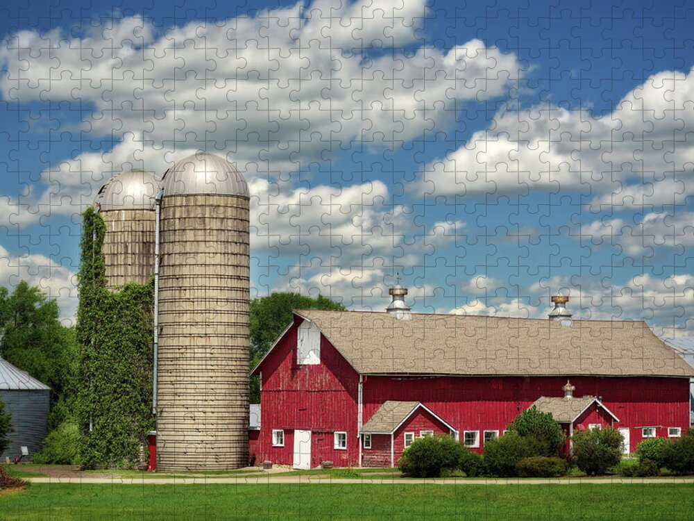 Cooksville Jigsaw Puzzle featuring the photograph Wisconsin Primary Colors - dairy barn and ivy covered silo in Cooksville Wisconsin by Peter Herman