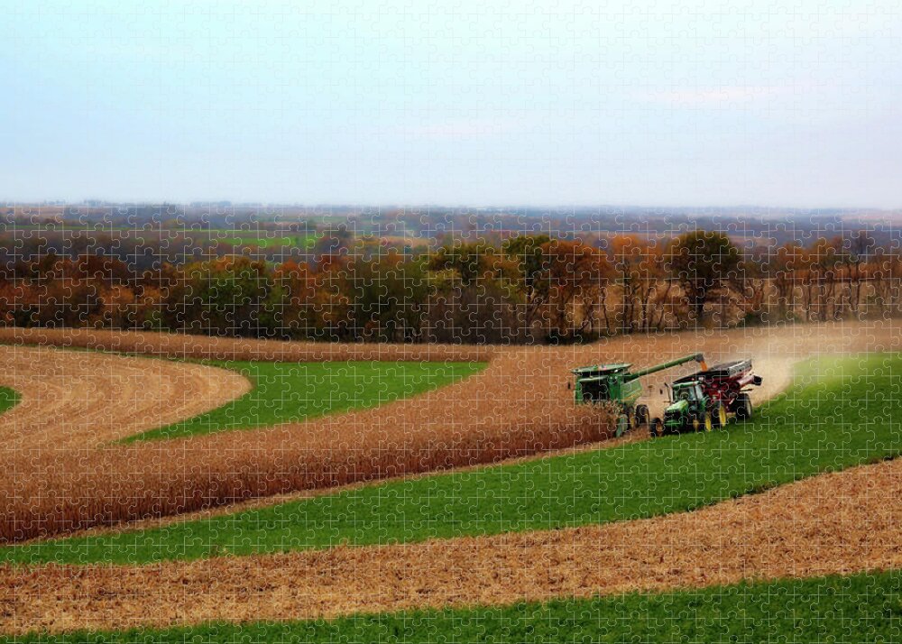 Wisconsin Farm Farming Corn John Deere Combine Tractor Contour Agriculture Harvest Landscape Scenic Jigsaw Puzzle featuring the photograph WisContours - Corn harvest on the driftless prairie of SW Wisconsin by Peter Herman