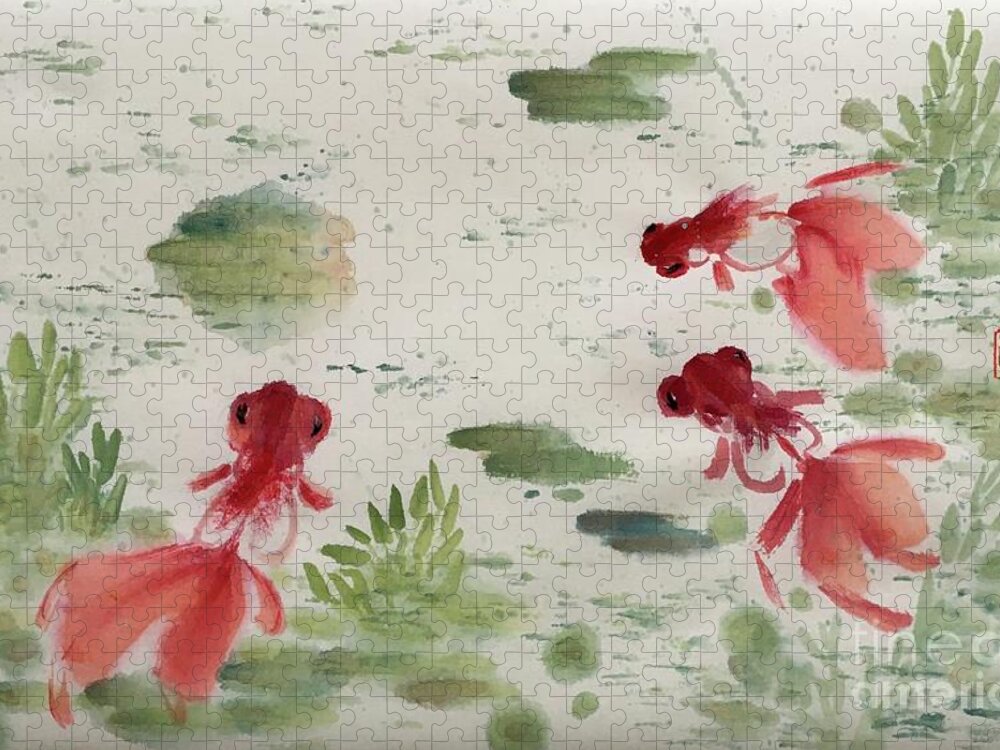 Golden Fish Jigsaw Puzzle featuring the painting Wishful - 2 by Carmen Lam