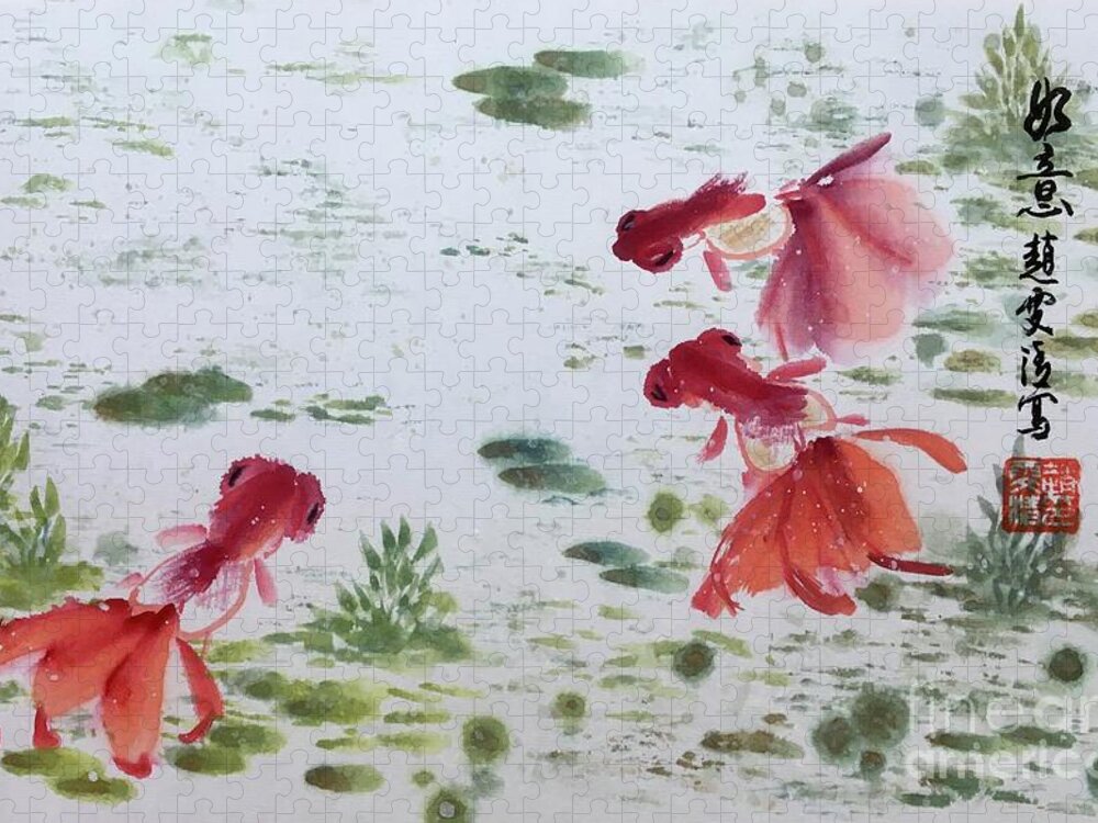 Golden Fish Jigsaw Puzzle featuring the painting Wishful - 5 by Carmen Lam