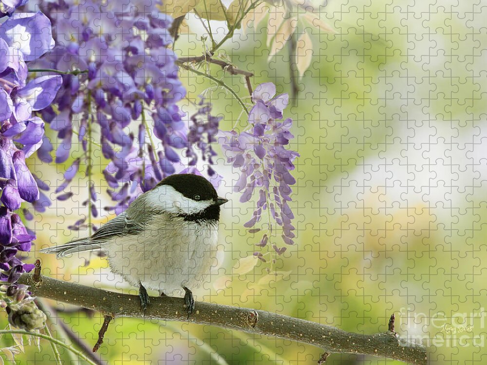 Willow Tit Jigsaw Puzzle featuring the mixed media Wisteria and Willow Tit by Morag Bates