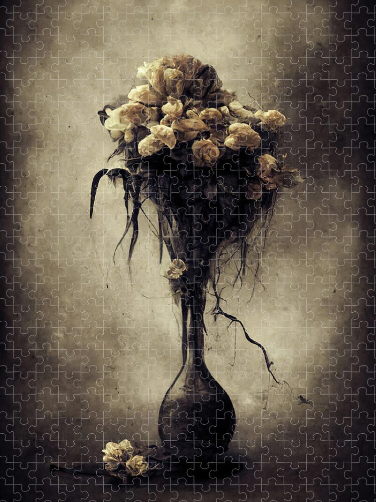 Melancholic Jigsaw Puzzle featuring the digital art Withered Forlorn Flowers in a Vase 01 Melancholic Mood by Matthias Hauser