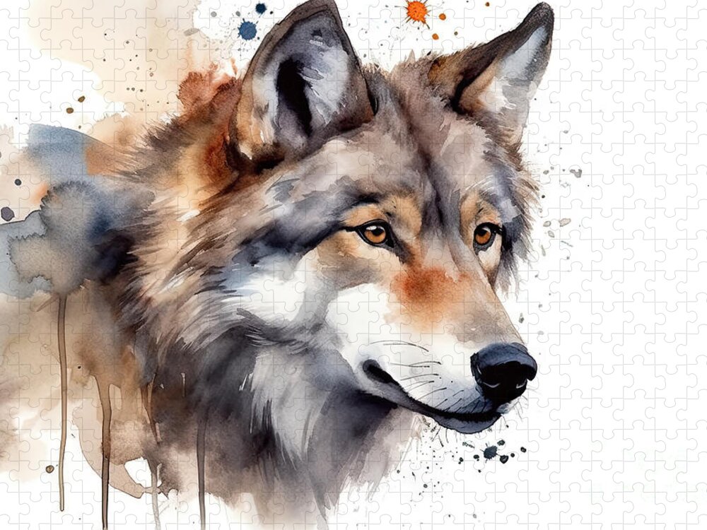 Wolf Jigsaw Puzzle featuring the painting Wolf Head , Animal, Watercolor Illustration Isolated On White Ba by N Akkash