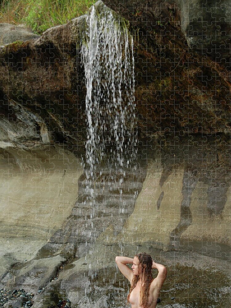 Woman Bathing in Waterfall on Sandcut Beach Jigsaw Puzzle by Cecelia McHugh and Chris Munce