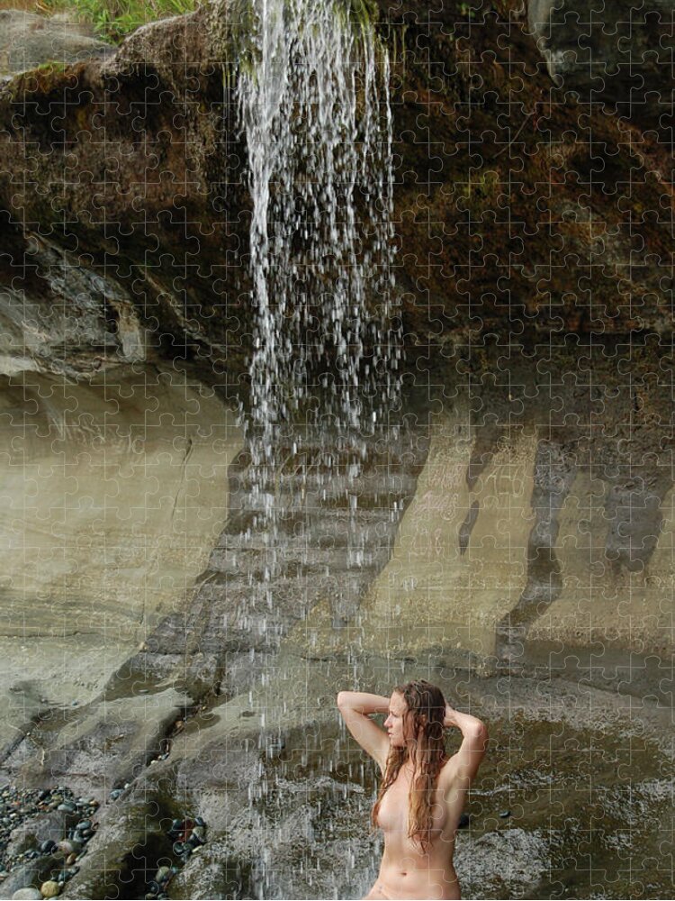 Wet Naked Beach Babes - Woman Bathing in Waterfall on Sandcut Beach Jigsaw Puzzle by Cecelia McHugh  and Chris Munce - Pixels
