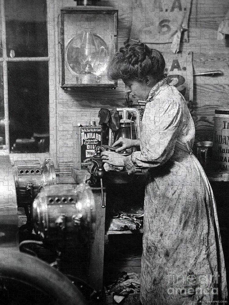 1910 Jigsaw Puzzle featuring the photograph Woman polishing early vehicle headlamps 1910 by Retrographs