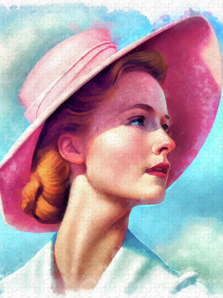 Woman Jigsaw Puzzle featuring the painting Woman Portrait 18 Pink Hat and Blue Sky by Matthias Hauser