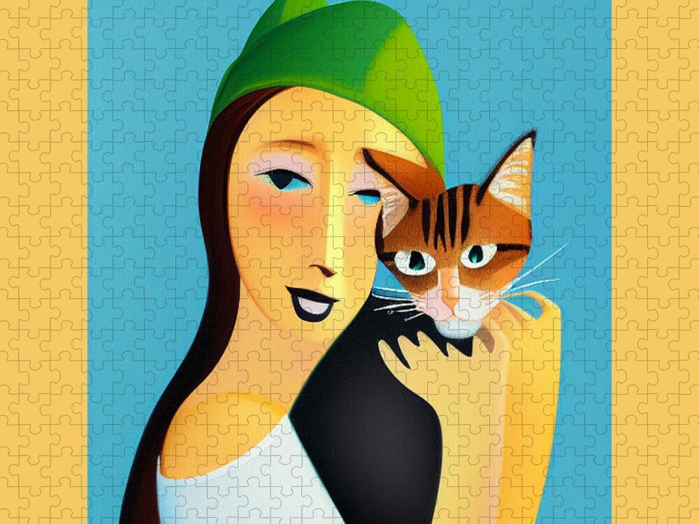 Woman With Cat Painting Jigsaw Puzzle featuring the digital art Woman with Cat Painting by Caterina Christakos