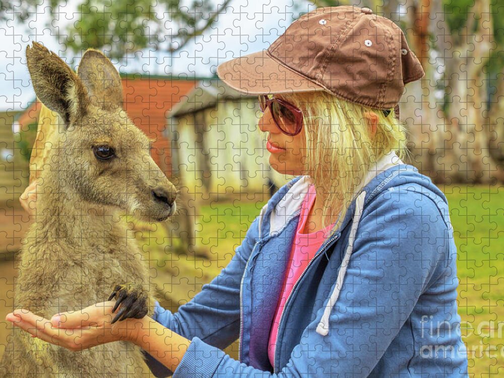 Kangaroos Jigsaw Puzzle featuring the photograph Woman with kangaroo by Benny Marty