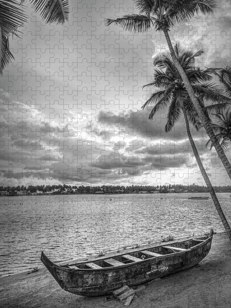 African Jigsaw Puzzle featuring the photograph Wooden Boat on the Beach Black and White by Debra and Dave Vanderlaan