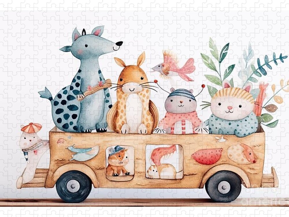 Animal Jigsaw Puzzle featuring the painting Wooden car with cute animals. Watercolor illustration. Kids decor. by N Akkash