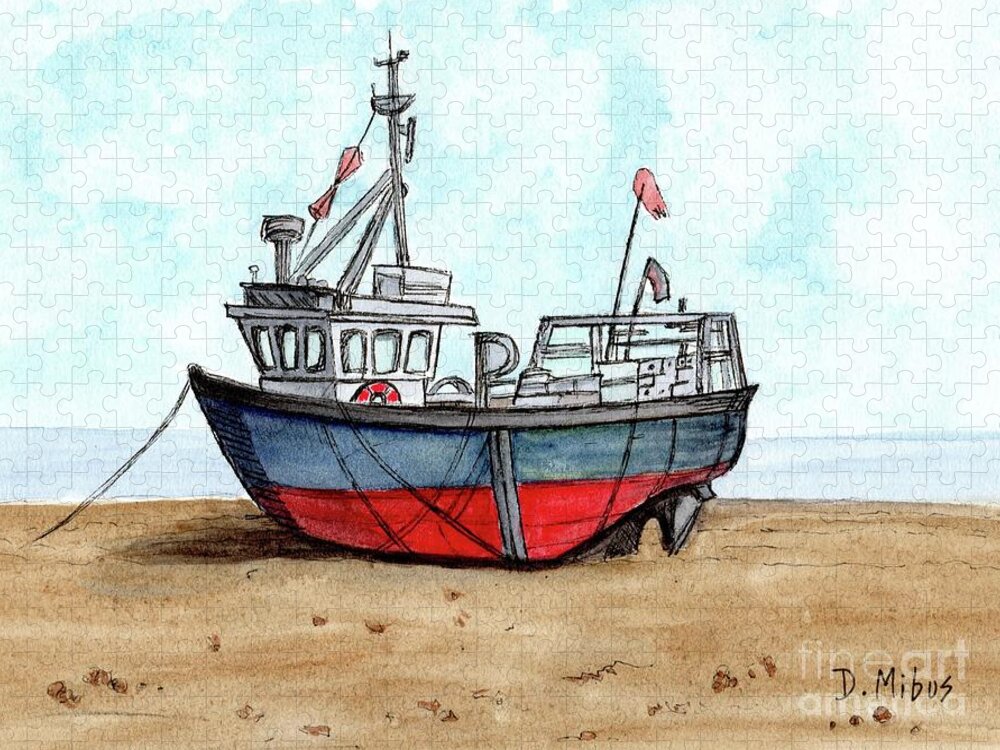 Colorful Wooden Fishing Boat Jigsaw Puzzle featuring the painting Wooden Fishing Boat on the Beach by Donna Mibus