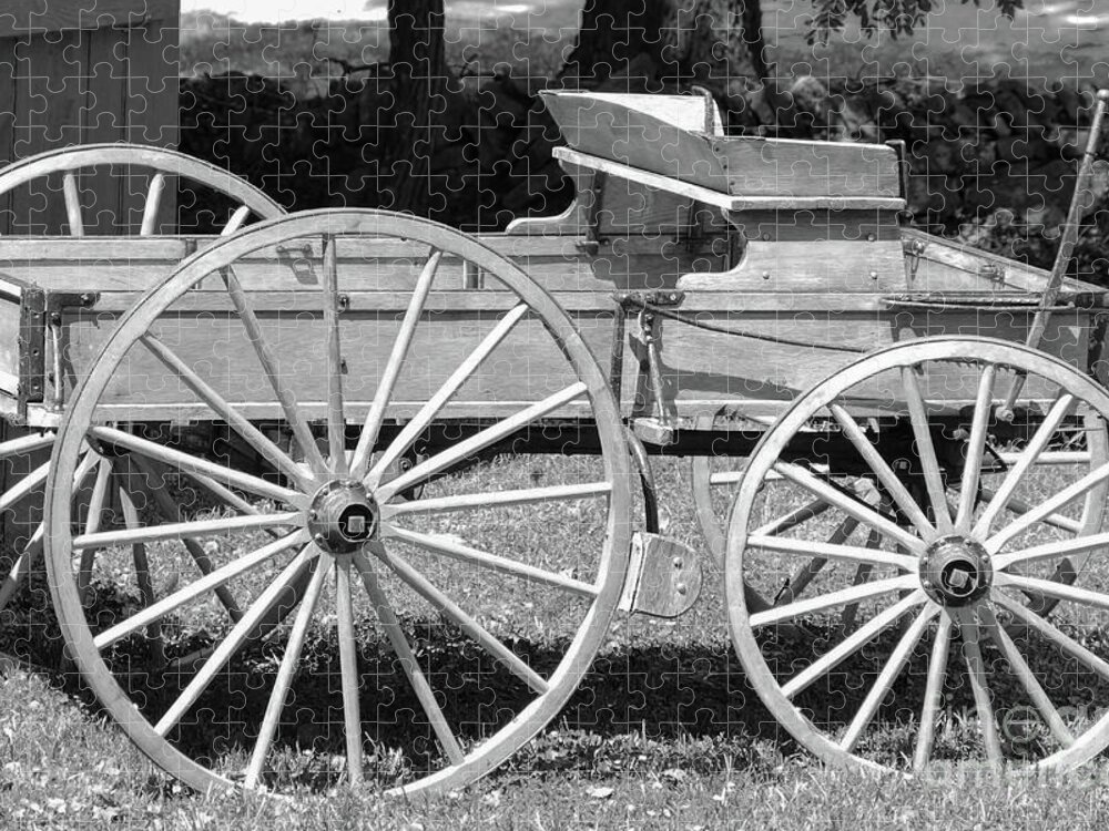 Wagon Jigsaw Puzzle featuring the photograph Wooden wagon in black and white by Bentley Davis