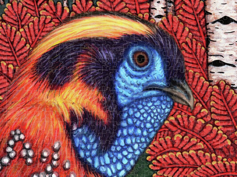 Pheasant Jigsaw Puzzle featuring the painting Woodland Tragopan by Amy E Fraser