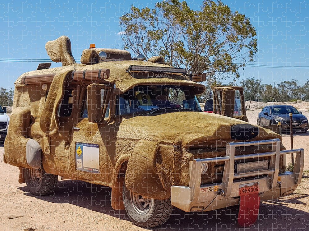 Road; Traffic; Beach; Sea; Blue; Beautiful; Nature Background; ; Landscape; Rocks; Cliffs; Desert; Tourism; Travel; Summer; Holidays; Lightning Ridge; Australia; Dog; Natural; Nature; Scenery Jigsaw Puzzle featuring the photograph Woof Woof Truck by Andre Petrov