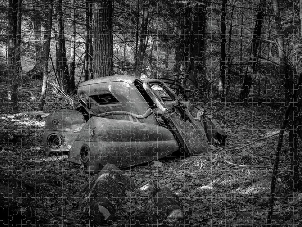 #fine Art Photograph #black And White Photograph #abandoned #wisconsin #old #antique #woods #forest #trees #shadows #history #old Parts #ford Truck #ford Automobile #walk In The Woods #afternoon Walk #afternoon Light #highlights #wall Decor #wall Art Jigsaw Puzzle featuring the photograph Work Day Over by David Heilman